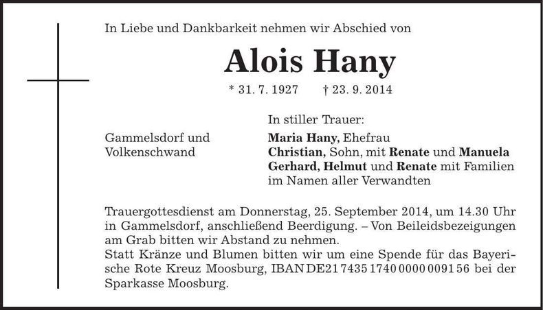 Traueranzeige Alois Hany