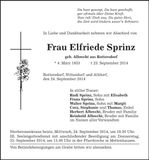 Traueranzeige Elfriede Sprinz