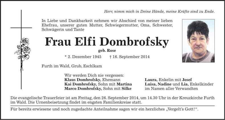 Traueranzeige Elfi Dombrofsky