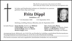 Traueranzeige Fritz Dippl