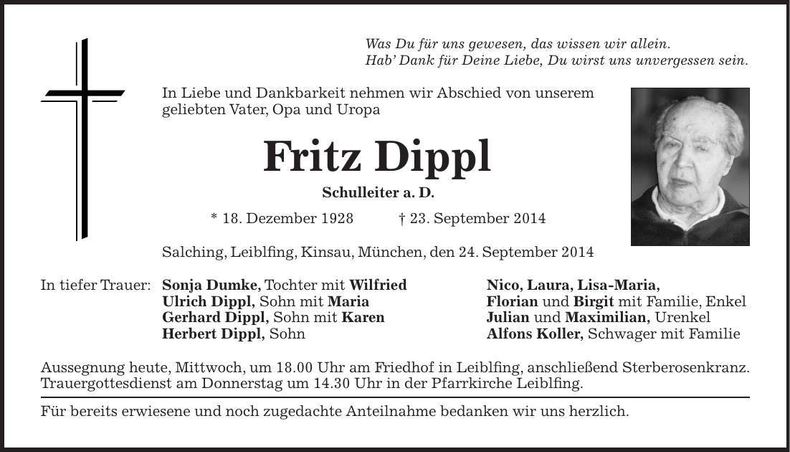 Traueranzeige Fritz Dippl