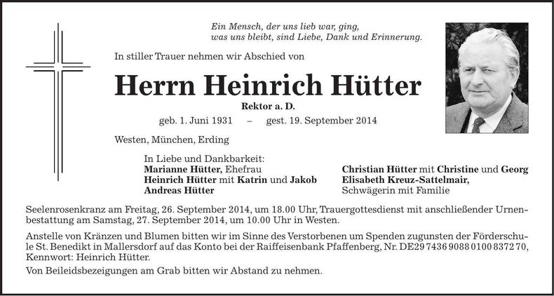 Traueranzeige Heinrich Hütter