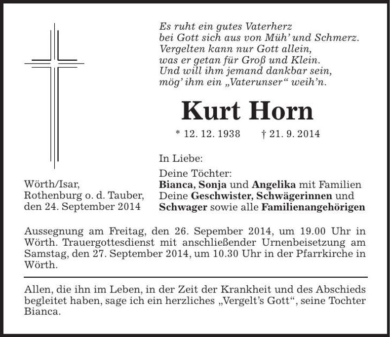 Traueranzeige Kurt Horn