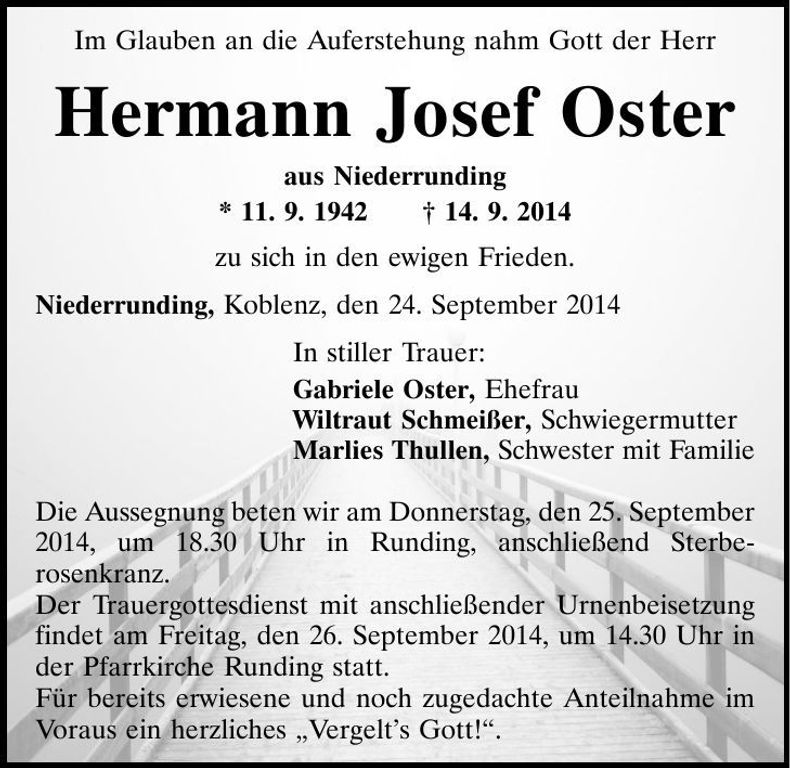 Traueranzeige Hermann Josef Oster