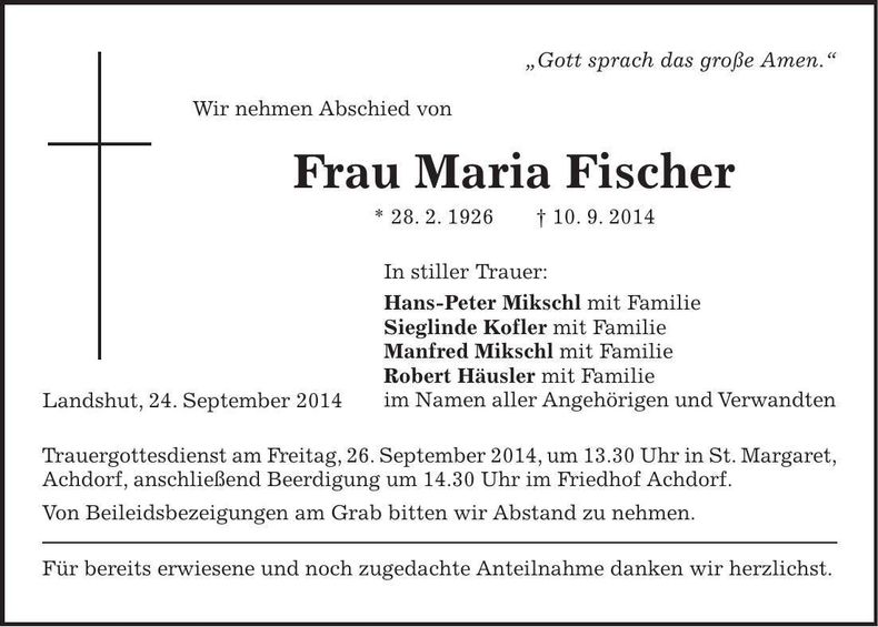 Traueranzeige Maria Fischer