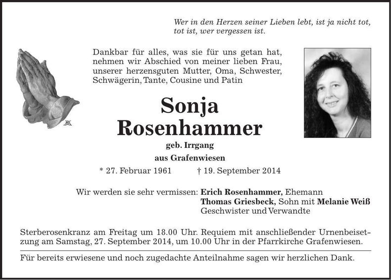 Traueranzeige Sonja Rosenhammer