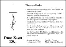 Traueranzeige Franz Xaver Kögl