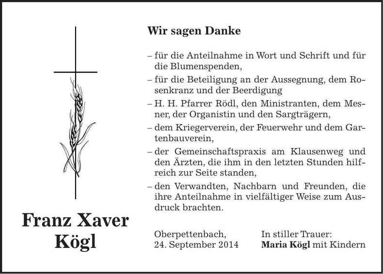 Traueranzeige Franz Xaver Kögl
