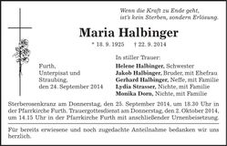 Traueranzeige Maria Halbinger