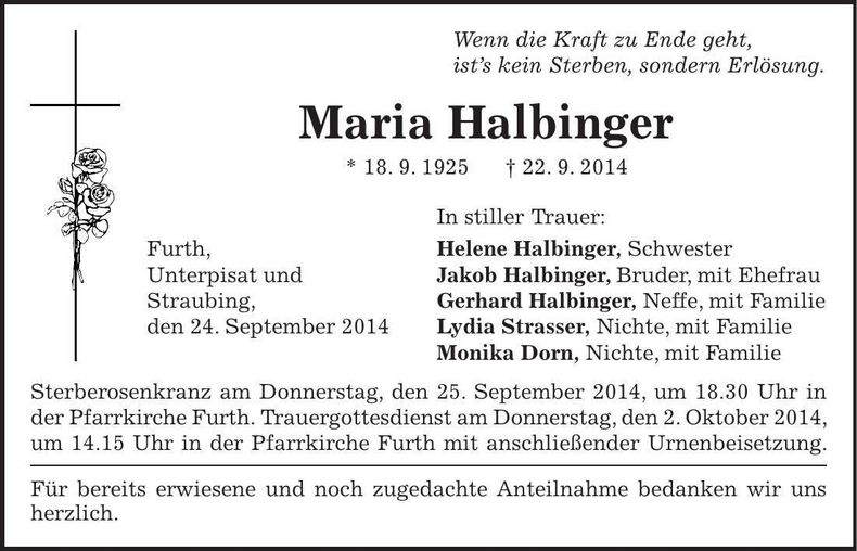 Traueranzeige Maria Halbinger