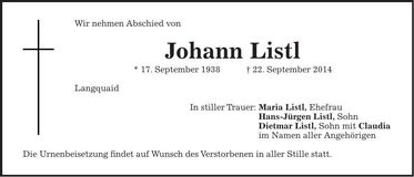 Traueranzeige Johann Listl