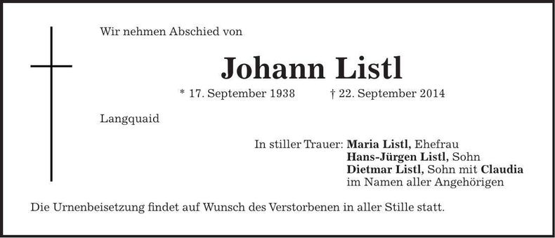 Traueranzeige Johann Listl