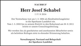 Traueranzeige Josef Schabel