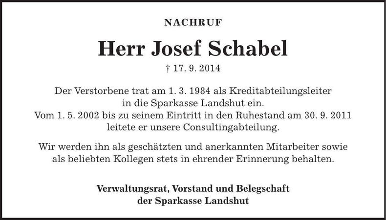 Traueranzeige Josef Schabel