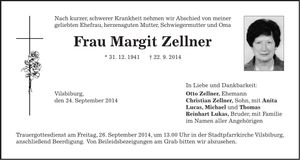 Traueranzeige Margit Zellner