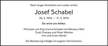 Traueranzeige Josef Schabel