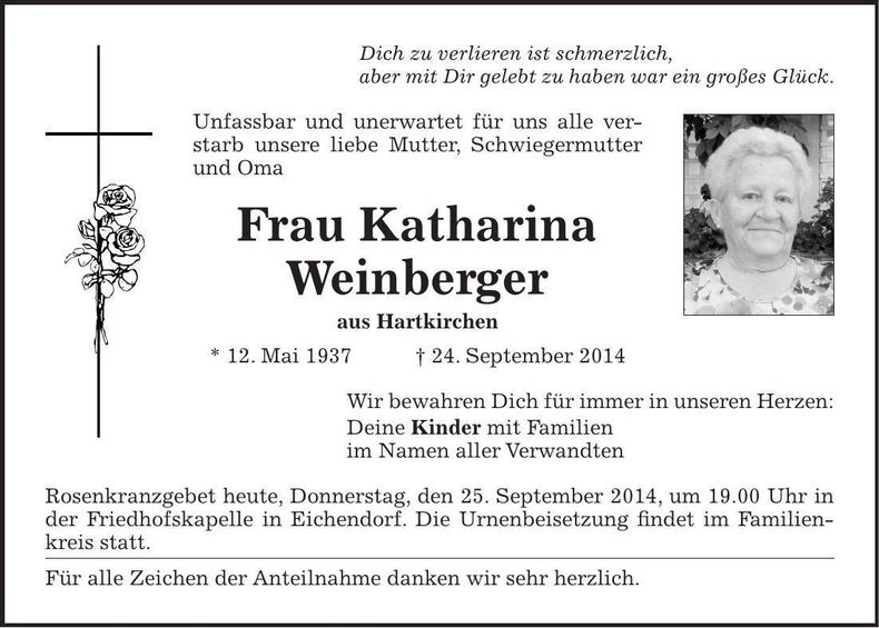 Traueranzeige Katharina Weinberger