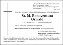 Traueranzeige Sr. M. Bonaventura Oswald