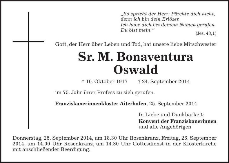 Traueranzeige Sr. M. Bonaventura Oswald