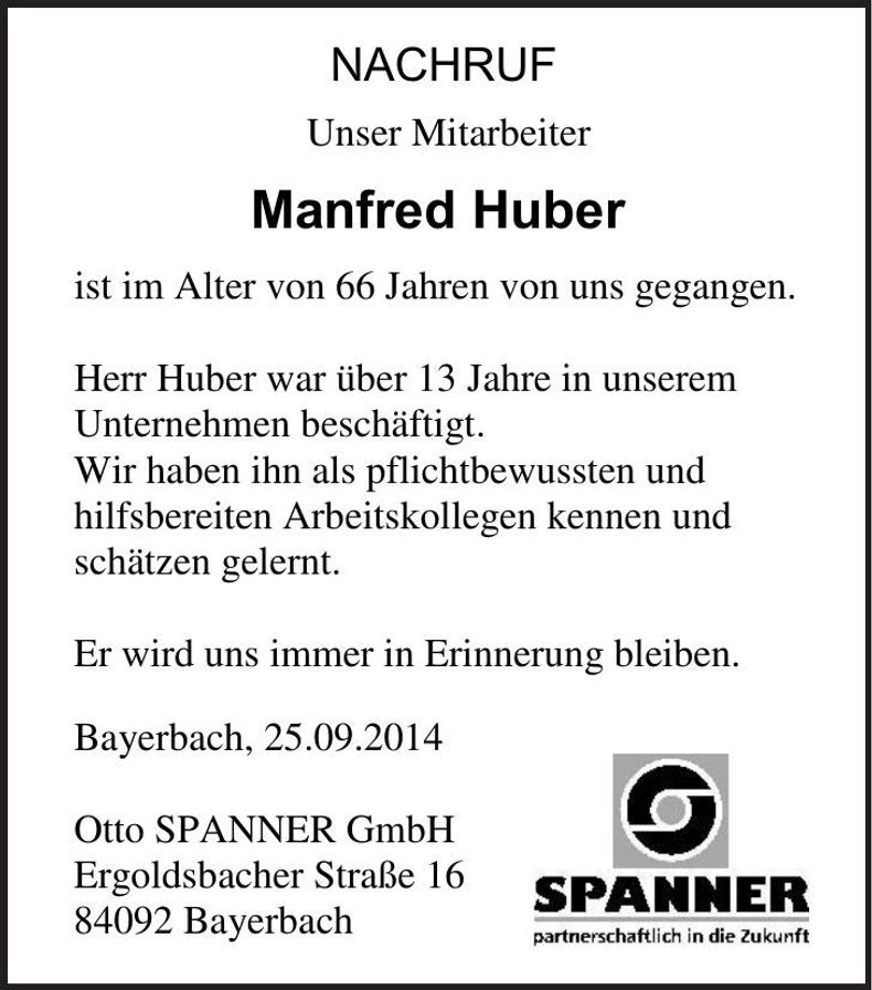 Traueranzeige Manfred Huber