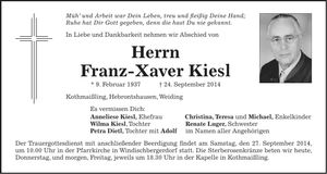 Traueranzeige Franz-Xaver Kiesl