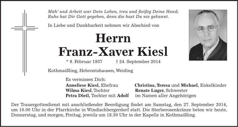 Traueranzeige Franz-Xaver Kiesl