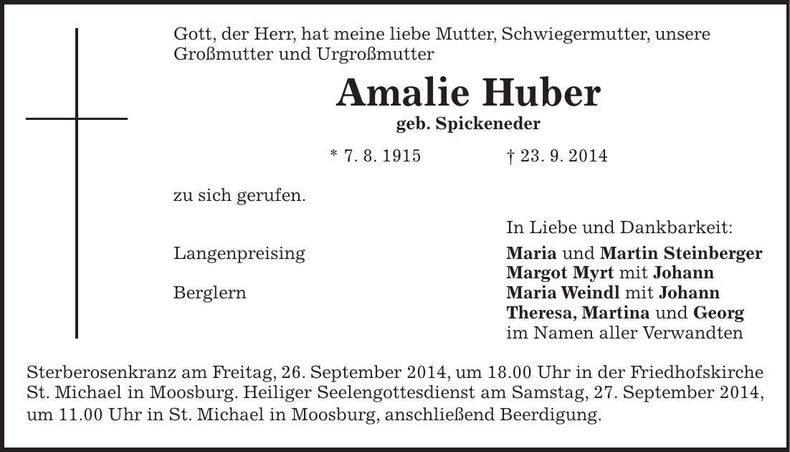 Traueranzeige Amalie Huber