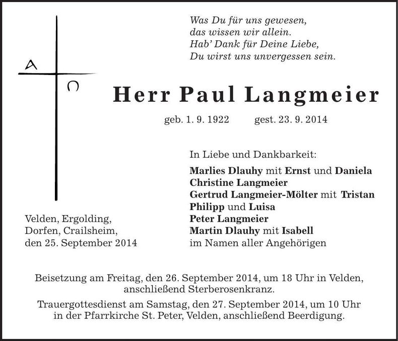 Traueranzeige Paul Langmeier