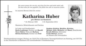 Traueranzeige Katharina Huber