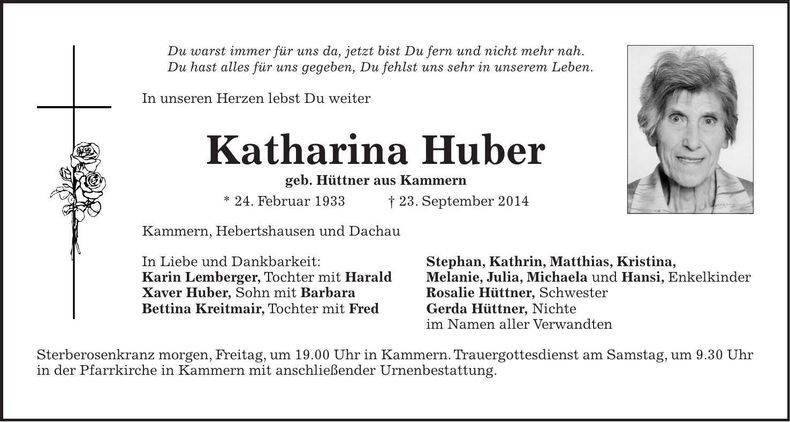 Traueranzeige Katharina Huber
