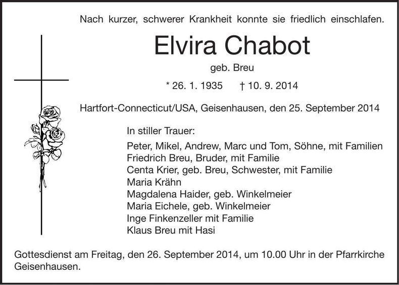 Traueranzeige Elvira Chabot