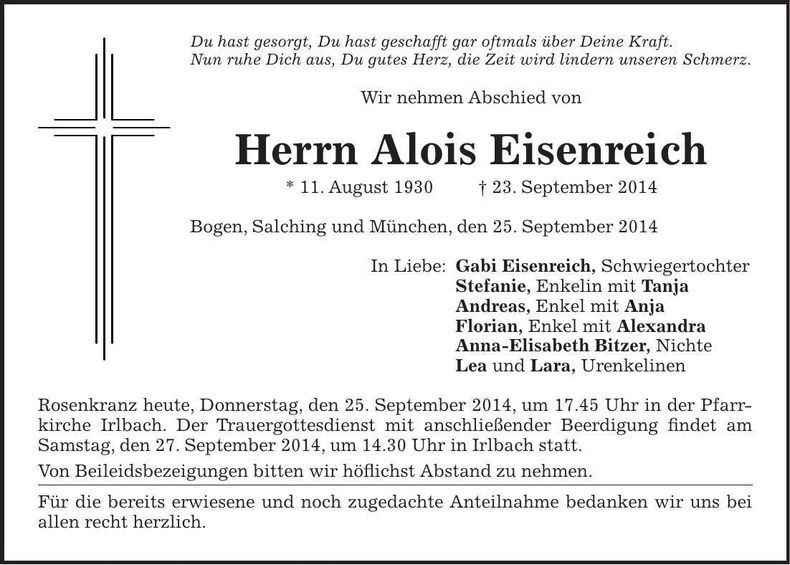 Traueranzeige Alois Eisenreich