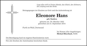 Traueranzeige Eleonore Hans