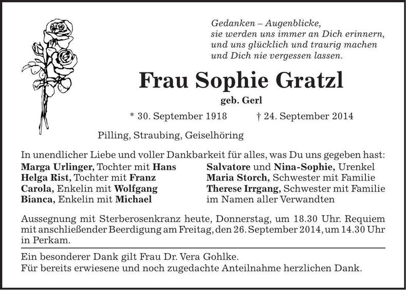 Traueranzeige Sophie Gratzl