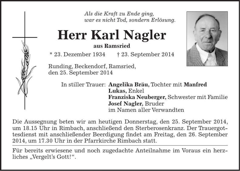 Traueranzeige Karl Nagler