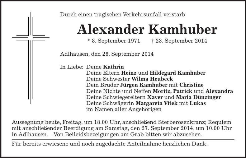 Traueranzeige Alexander Kamhuber