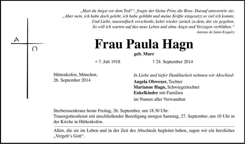 Traueranzeige Paula Hagn