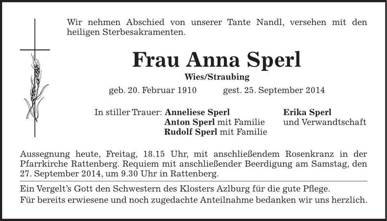 Traueranzeige Anna Sperl