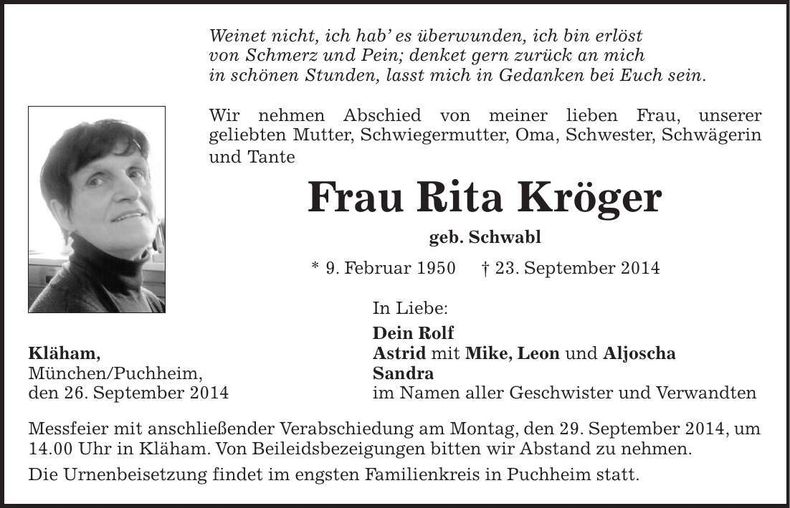 Traueranzeige Rita Kröger