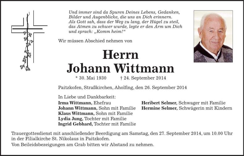 Traueranzeige Johann Wittmann