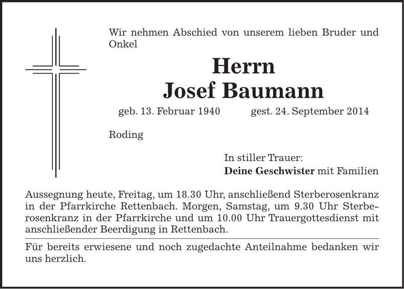 Traueranzeige Josef Baumann