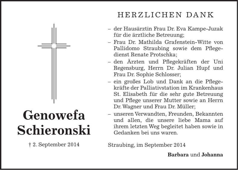 Traueranzeige Genowefa Schieronski