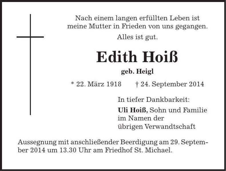 Traueranzeige Edith Hoiß