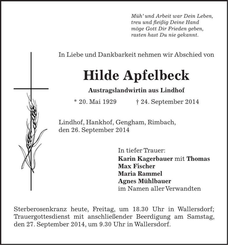Traueranzeige Hilde Apfelbeck