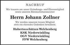 Traueranzeige Johann Zollner