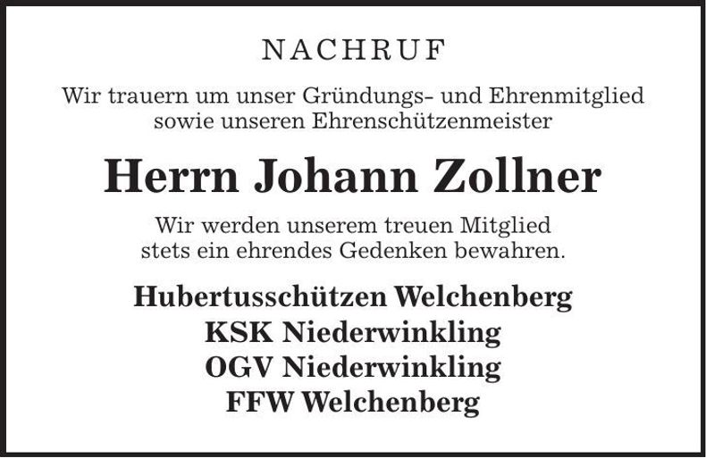 Traueranzeige Johann Zollner