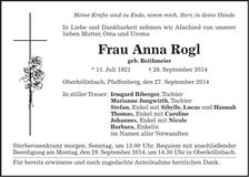 Traueranzeige Anna Rogl