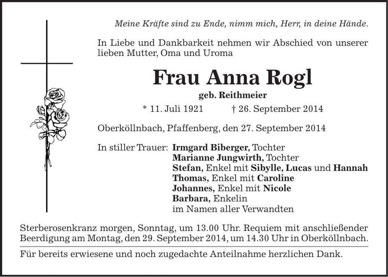 Traueranzeige Anna Rogl
