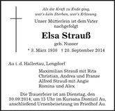 Traueranzeige Elsa Strauß