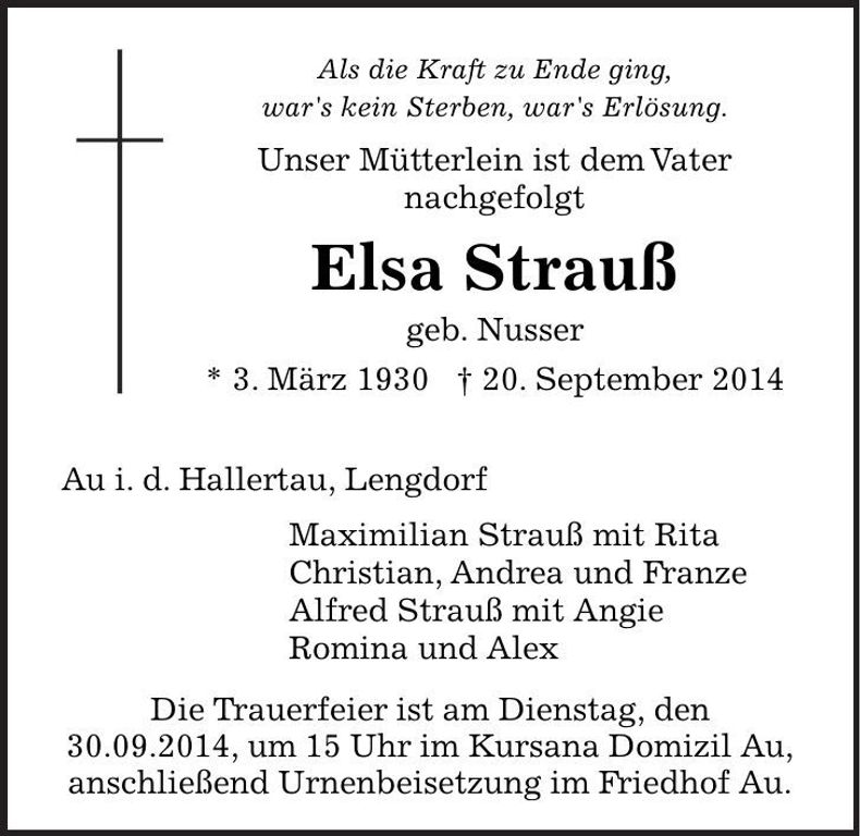 Traueranzeige Elsa Strauß